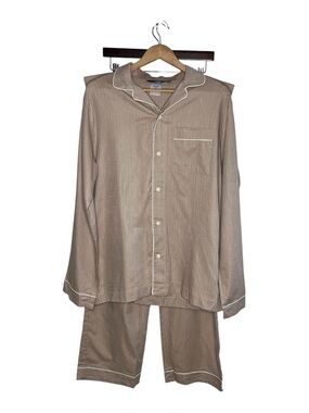 Bonsoir London Men’s Tan Herringbone Long Sleeve Button Down & Pants Pajama Set